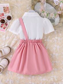 2pcs Girls Cute Bunny Short Sleeve Top And Bib Dress Set, Summer - Pink - View 2