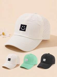 1pc Kids Smiling Face Baseball Cap For Girls Boys,Adjustable Washed Baseball Hat With Ponytail - Face - View 2