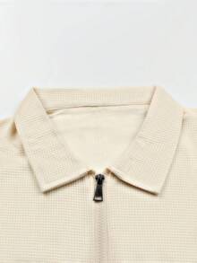 2pcs/Set Plus Size Men's Jacquard Zip Up Casual Sports Solid Color Long Sleeve Jacket & Pants Outfit, Suitable For Spring - Beige - View 4