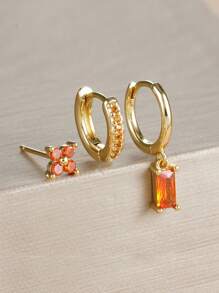 3 pièces Set de boucles d'oreilles pendantes à la mode avec zirconium orange pour femmes. Boucles d'oreilles à fleurs pendantes en acier inoxydable. Bijoux de piercing