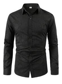 Men's 2024 Casual Geometric Print Single-Breasted Black Long Sleeve Shirt