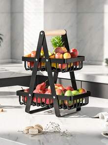 2/3层厨房果蔬篮，可拆卸木质提手收纳篮，多层设计，适用于厨房收纳整理，也可用于餐厅、咖啡厅、户外野餐、厨房收纳、家居装饰、情人节装饰等场合。