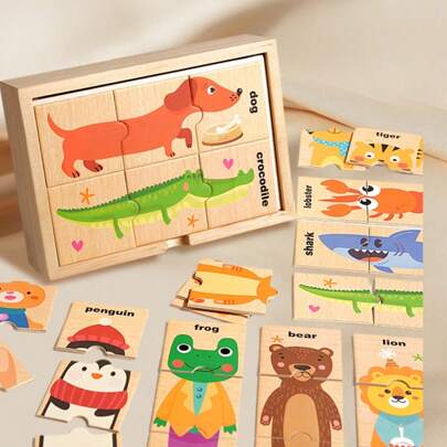 Juguetes de madera para emparejar animales, juguetes educativos Montessori de actividad sensorial para niños pequeños y bebés