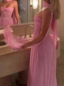 Váy lưới xoắn phía trước gợi cảm màu trơn thanh lịch dành cho nữ, thích hợp cho tiệc tùng, đám cưới, sinh nhật, vũ hội, tốt nghiệp, ngày lễ, khách, cocktail, mùa hè - Hồng - Xem 9