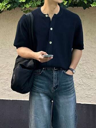 男女皆宜的休闲宽松圆领短袖针织开衫，简约纯色，春夏款