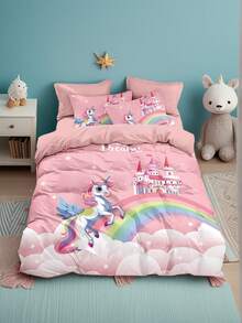 Conjunto de cama com tema de unicórnio 4 peças para crianças, incluindo capa de edredom, lençóis confortáveis, 160x240cm/220x240cm