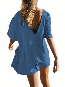 Mono de mujer casual de color sólido, estilo suelto minimalista, cuello redondo, top de manga corta, diseño transpirable sin espalda, cómodo top de mujer de bolsillos grandes, adecuado para la calle y el uso diario. - Azul - Ver 8