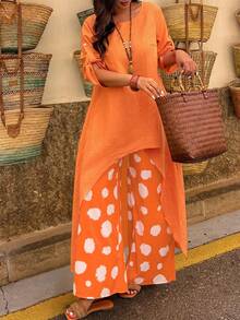 Conjunto a juego de 2 piezas de UrbanChic Plus Size con parte delantera corta y parte trasera larga en unicolor estampado, para primavera y verano, Día de San Valentín, elegante para damas, atuendos de vacaciones de verano, bodas y eventos, salidas, vacaciones de mujeres, atuendos de playa para mujeres, atuendos de vacaciones de primavera - Naranja - Ver 5