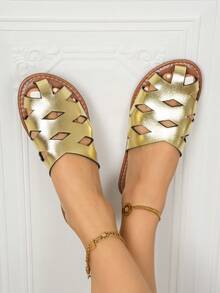 Sandalias de verano para mujer de talla grande, diseño minimalista de moda, cómodas, de punta cerrada, de malla, huecas, transpirables, antideslizantes, ligeras, para la playa y uso al aire libre, en negro y marrón - Dorado - Ver 2