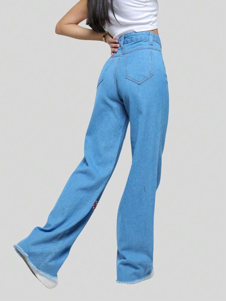 Calça Jeans Wide Leg Juvenil Menina Estampada Botão Vermelho Modelo Premium - Azul - Visão 3