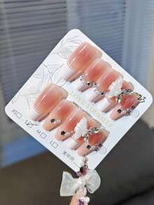 10 件手工腮红猫眼法式钻石蝴蝶白色法式假指甲按压指甲美甲用品指甲 - 藕粉色 - 查看 3