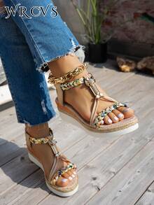 WRCVS 米色女士坡跟凉鞋，编织带，夏季厚底绳底手工串珠编织鞋，轻便厚底度假波西米亚风格高跟户外凉鞋