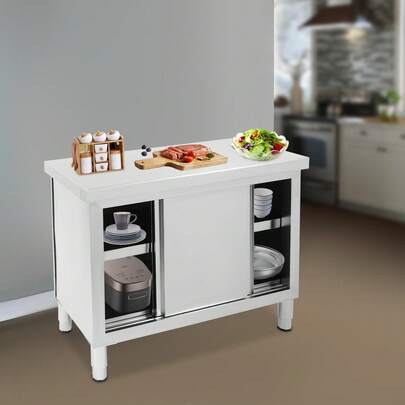 YUNRUX Kommersiellt gastro- och rostfritt stålbord, arbetsbord, skåp, skjutdörrar med dörrar