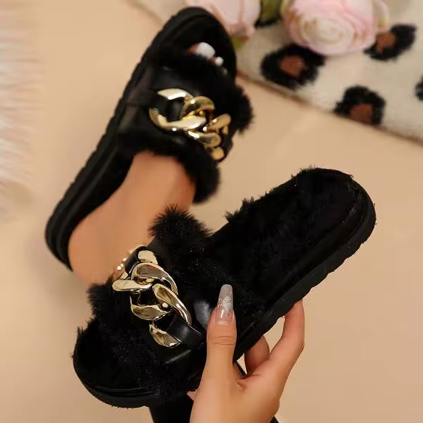 Winter Women's Fluffy Slippers - Open Toe & Solid Color Design