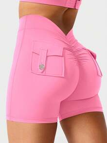 YEOREO Pink Shorts Workout Shorts With Pockets For Women V Back Scrunch High Waisted Shorts Charm Gym Yoga Biker Shorts - Hồng - Xem 3