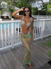 优雅性感印花三件套比基尼，适合女士、沙滩派对和夏季穿着 - 彩色 - 查看 2