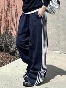 Women's Side Striped Pants Loose Elastic Waist Drawstring Straight Leg Casual Sweatpants With Pockets Y2k Track Pants Baggy Striped Joggers
