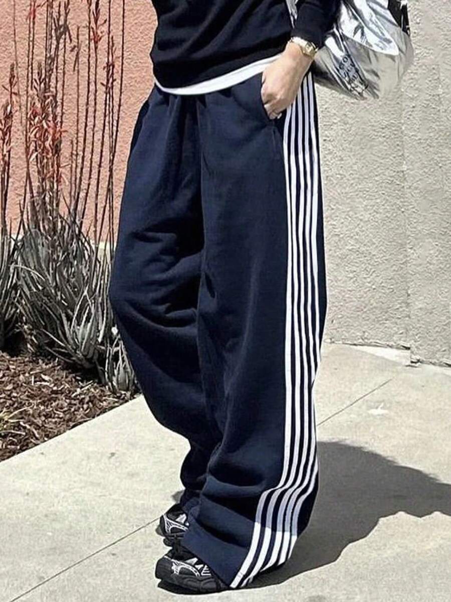 Women's Side Striped Pants Loose Elastic Waist Drawstring Straight Leg Casual Sweatpants With Pockets Y2k Track Pants Baggy Striped Joggers