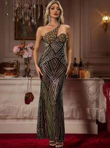 Fall Clothes Plus Size Or Women Autumn Women's One Shoulder Pearl Sequin Rhinestone Fishtail Hem Slim Fit Dress. For Wedding (Bridesmaid, Guest Wear), Party, Formal Dinner, Easter, Rave, Prom, Festival, Graduation