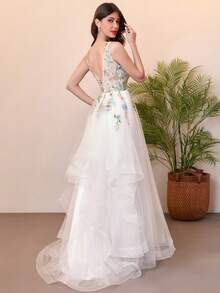 3D花卉新娘婚纱露背彩色拍摄礼服长裙2025年毕业礼服 - 米色 - 查看 2