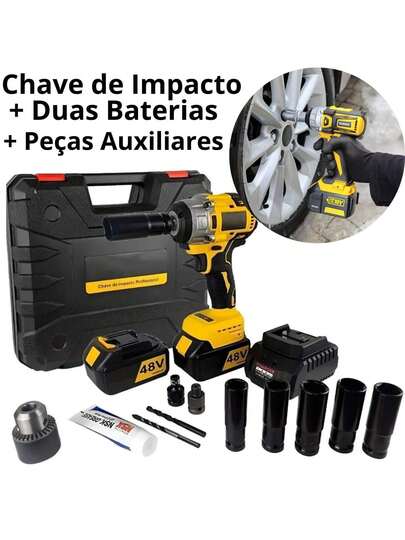 Chave de Impacto Furadeira Profissional Sem Fio Bivolt com 2 Baterias Recarregáveis 48V