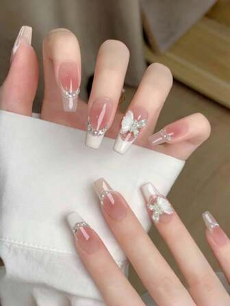 10 piezas de uñas postizas de estilo francés con mariposas, hechas a mano con ojos de gato rubor y diamantes franceses blancos, suministros para uñas