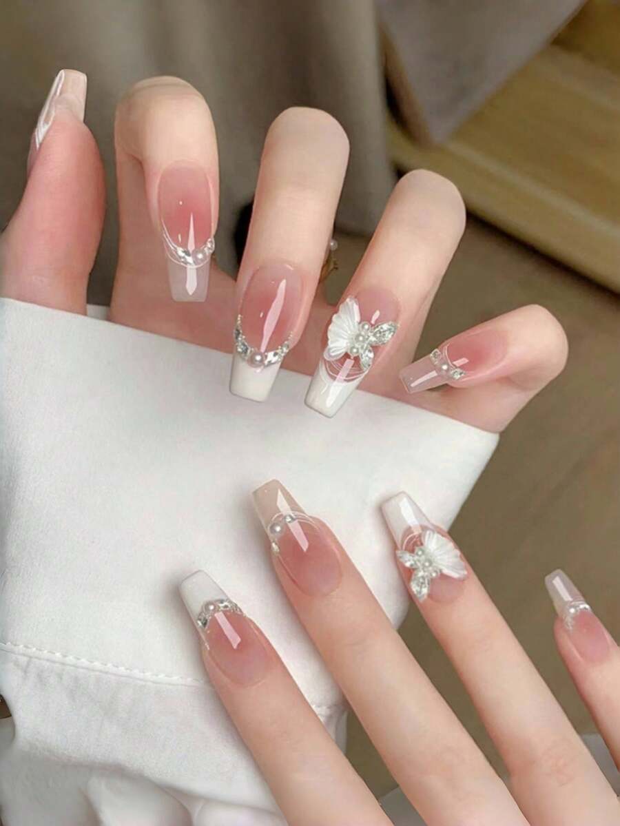 10 件手工腮红猫眼法式钻石蝴蝶白色法式假指甲按压指甲美甲用品指甲 - 藕粉色 - 查看 1