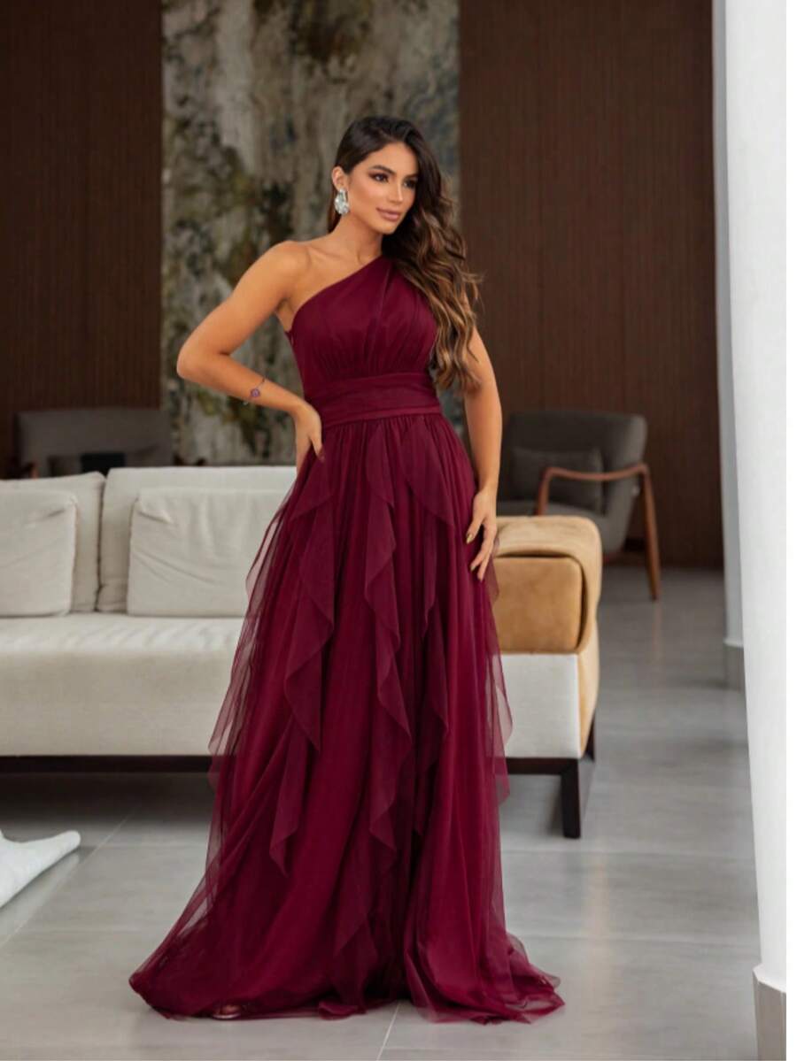 One-Shoulder Layered Bridesmaid Prom Dress - Redwood - View 1