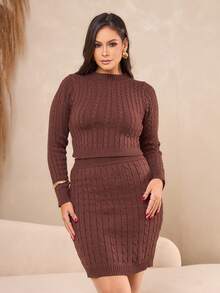 Women's Knitted Skirt And Blouse Set With Braids Made In Modal Knit. - 鏽棕色 - 查看 1