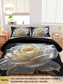 3pcs White Flower Duvet Cover Set (Includes: 1 Zipper Duvet Cover + 2 Pillowcases, Inners Not Included), Polyester Fabric, Soft & Comfortable Bedding Set, Suitable For Bedroom, Dorm, Vacation, Camping, Machine Washable