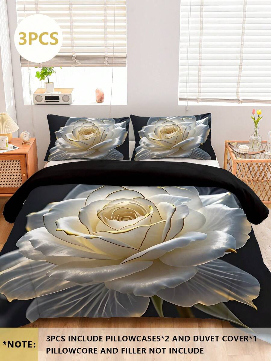 3 件套白色花朵羽绒被套（包括：1 个拉链羽绒被套 + 2 个枕套，不含内衬），涤纶面料，柔软舒适的床上用品套装，适用于卧室、宿舍、度假、露营，可机洗 - 彩色 - 查看 1