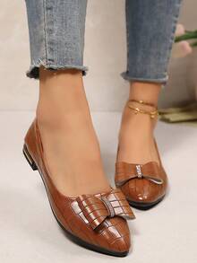 Women Soft Leather Flat Shoes, Suitable For Dresses, Soft Bottom Gentle Breeze Pointed Toe Flats, Four Seasons Loafers, Plus Size Women Shoes, French Gentle Breeze Flats, Korean Versatile Elegant Flats, Gold Casual Flat Shoes, Soft Bottom Office Work Shoes - Brown - View 1