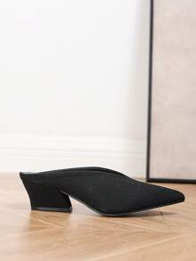 时尚尖头粗跟穆勒凉鞋，优雅舒适，适合办公室、通勤、工作、派对、宴会，纯色 PU 皮革中跟一脚蹬高跟鞋 - 黑色 - 查看 5