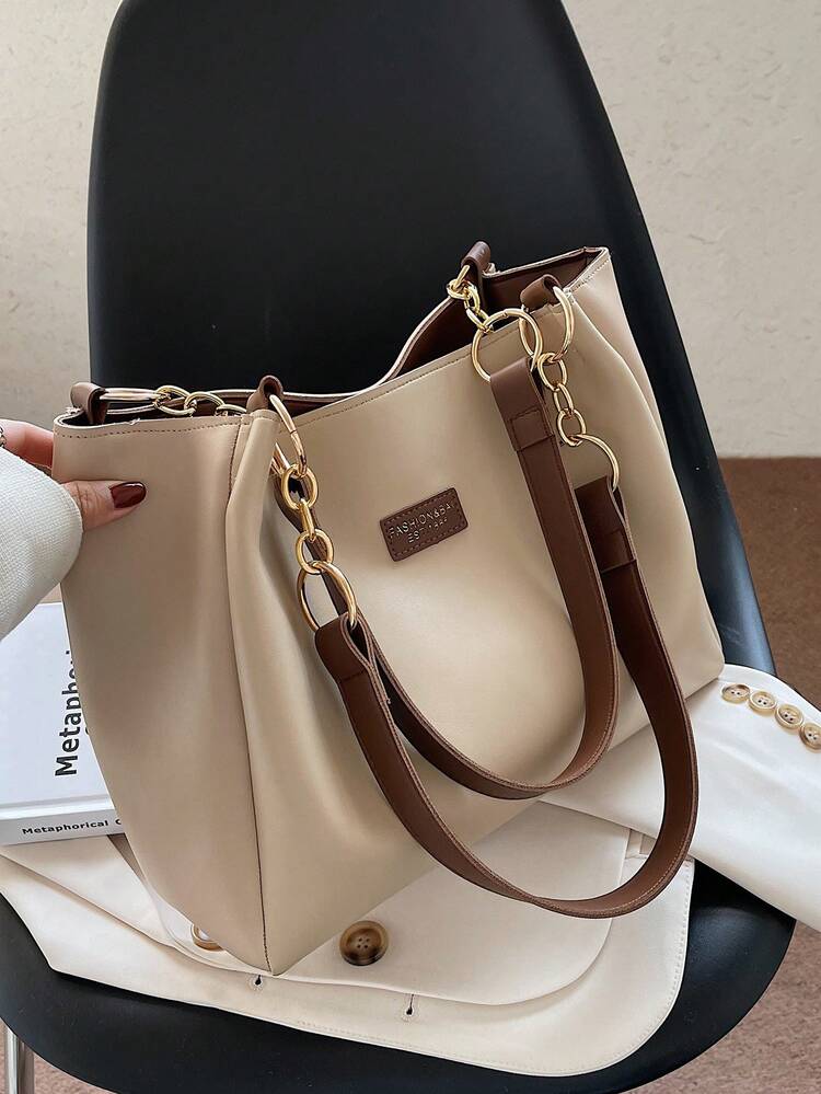 1 pieza Bolso de gran capacidad con correa de color contrastante, bolso de hombro versátil adecuado para que las mujeres lo usen para ir al trabajo - Caqui - Añade 1