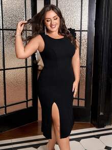 Fuaheng Asymmetrisches Partykleid in Große Größen mit Blumen-Petal-Ärmeln, geraffter Taille, Rüschensaum und Schlitzausschnitt in Schwarz, Hochzeitsgast-Kleid, Abschlussballkleid