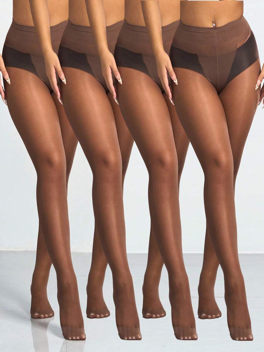 4pairs Women Sexy 30D Sheer Coffee Brown Tights, Fashionable Minimalist Pantyhose, Cozy - Coffee Brown - View 1