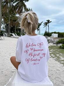 Sweet Bow Artistic Style Short Sleeve T-Shirt, Inspiring Imagination And Self-Expression! Girls & Kids Casual Printed Round Neck Tee, Summer Top - White - View 4