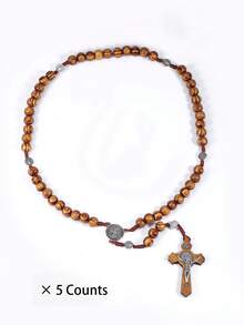 1 Classic Retro Wooden Beaded Cross Pendant Necklace, Unisex Personalized Rosewood Handmade Prayer Bead Jewelry Gift - Pendant Necklace - View 12