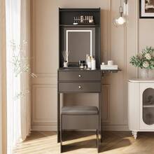 Vanity Table With 3 Adjustable Lighted Mirrors, Vanity Set For Small Spaces, Dressing Table With Folding Panel For Bedroom - Black - View 6