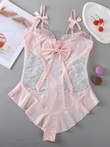 Women's Lace See-Through Ruffled Hem Pajamas With Bow Back Button Closure, Sexy One-Piece Sleepwear - Apricot - View 4