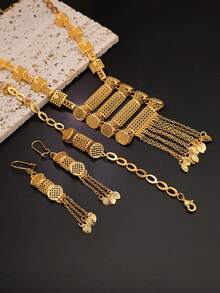 Bộ 4 món trang sức hình học rỗng cổ điển gồm hoa tai, vòng cổ, vòng tay cho nữ - Vàng - Xem 6