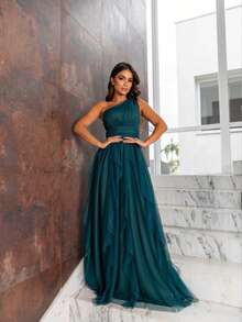 One-Shoulder Layered Bridesmaid Prom Dress - 亮綠色 - 查看 2