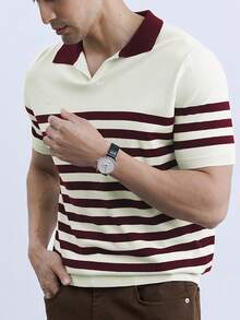 Officeau 春夏新款男士毛衣，复古商务休闲宽松条纹短袖V领套头针织衫，春夏皆宜 - 白色 - 查看 2