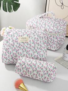 1 PC Pink And Purple Small Floral Quilted Bag Make Up Bag,Fashionable And Casual Large Capacity Portable Zipper Makeup Bags,Travel And Vacation Essentials Cosmetic Bags For Sanitary Napkins,Pouch Pads,Wired Earphones,Headphones,Charger,Lipsticks,Cosmetics,Perfume,Skin Care And Beauty Products,Home Decor,For Mom,Women,Nurses,Students,School Girls,Keys,Holiday Gifts
