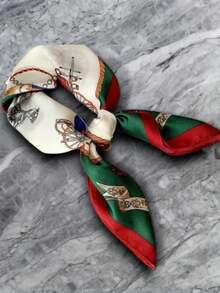 1pc Women's Luxury Fashion Chain Cart Bicolor Print Bandana Scarf, Breathable UV Protection Satin Headscarf, Suitable For Daily Wear