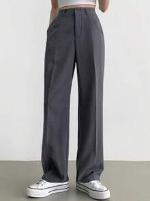 2025春夏女装纯色口袋褶皱直筒宽松休闲裤 - 灰色 - 查看 1
