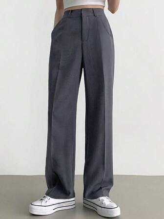 2025春夏女装纯色口袋褶皱直筒宽松休闲裤