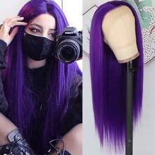 Purple Color Lace Front Wigs Pre Plucked Hairline Long Straight Wigs For Fashion Women Girls Party Daily Wear Glueless Dark Purple Lace Front Synthetic Wigs 13x4 Free Part Heat Resistant Fiber Hair 28 Inch 180% Density - 紫色 - 查看 3
