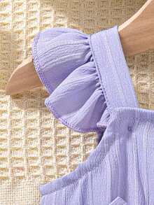 Newborn Baby Girl's Summer Romper Set  Ruffle Sleeveless Dress + Matching Headband  Breathable Cotton Outfit - Purple - View 6