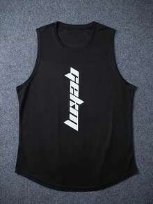 1pc Men's Athletic Sleeveless Tank Top, Breathable Workout Gym Outdoor Sports Printed Tee, Summer - Black - View 1
